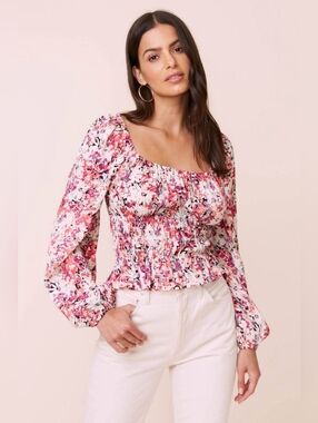 Astr The Label Long Sleeve Square Neck Floral Smocked Top